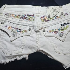 Miss Me White Jean Shorts with Colorful Embroidery